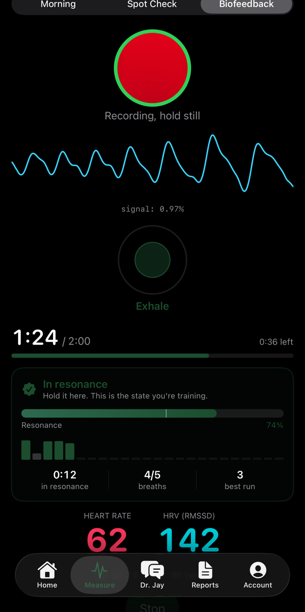 The same session moments later, in resonance, with the metrics risen